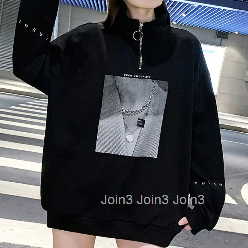 Full Zip Up Black Sweatshirts for Women with Zipper Pullovers Female Clothes Orint on Sport Long Sleeve Kpop Essential M E Tops