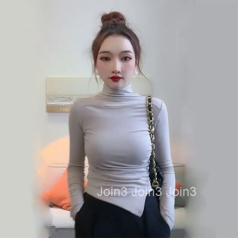 Black Womens T Shirts 2025 Turtleneck Female Tops Tshirts Crochet Knitted Brown Plain Clothes Causal Trend Fine Elegant O