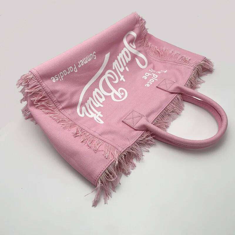 Saint Barth 2025 New Women's Large Capacity Casual Beach Canvas Striped Tassel Handheld Tote Bag