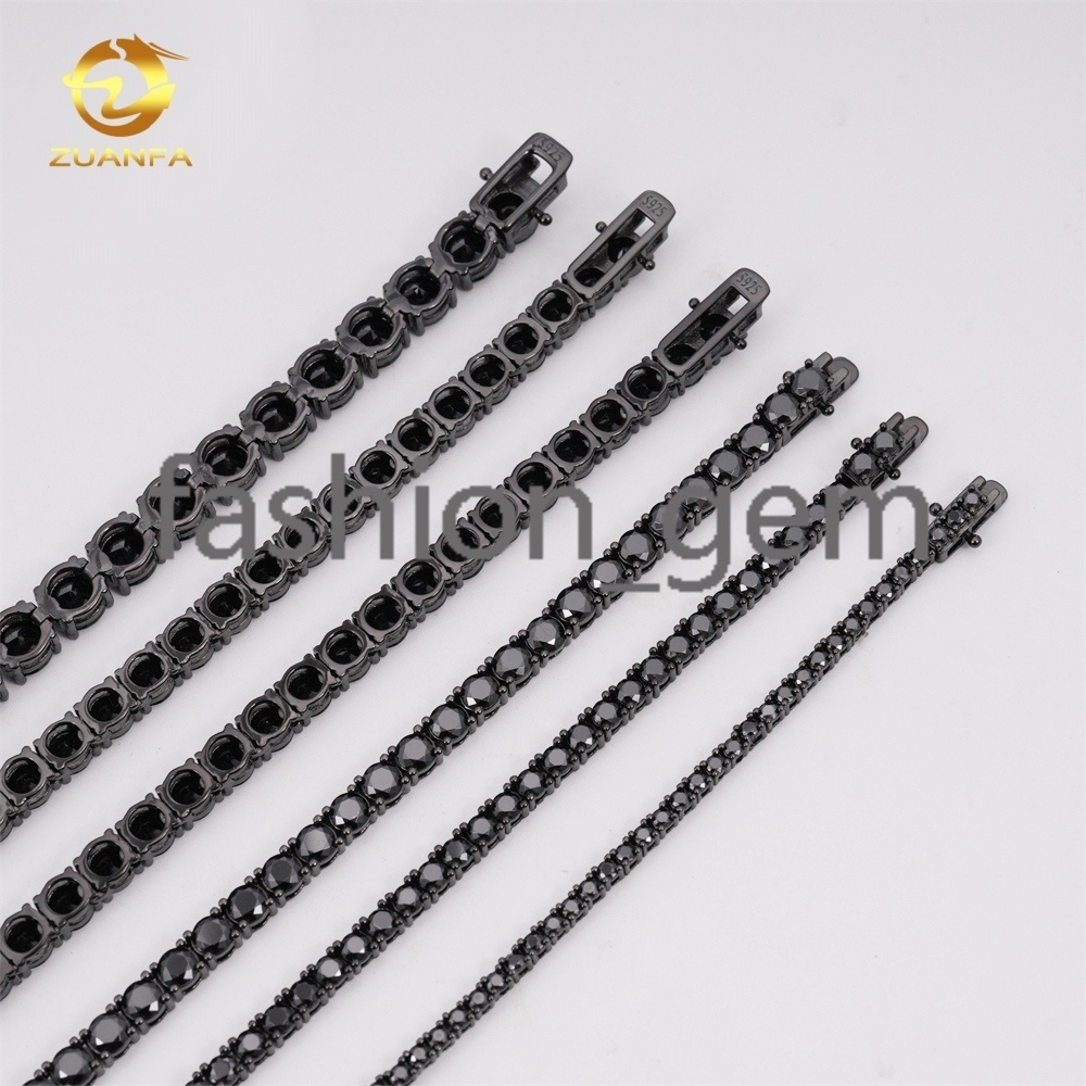 Wholesale Price Solid 925 Silver Hip Hop Jewelry Bracelet Necklace Iced Out 2 to 6.5mm Black VVS Moissanite Diamond Tennis Chain