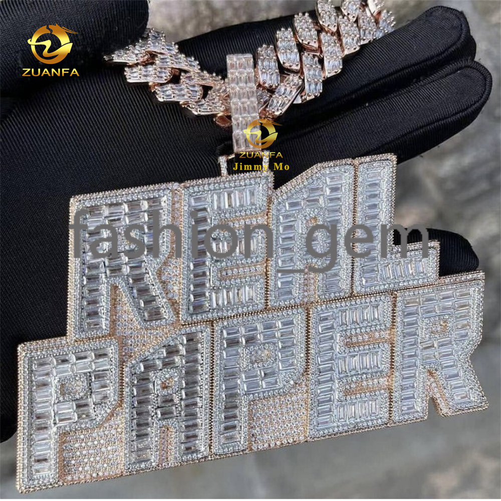 Custom Personalized Big Guy Buss Down Iced Out Initial Letter Baguette Moissanite Diamond Pendant Nameplate Rapper Jewelry S925