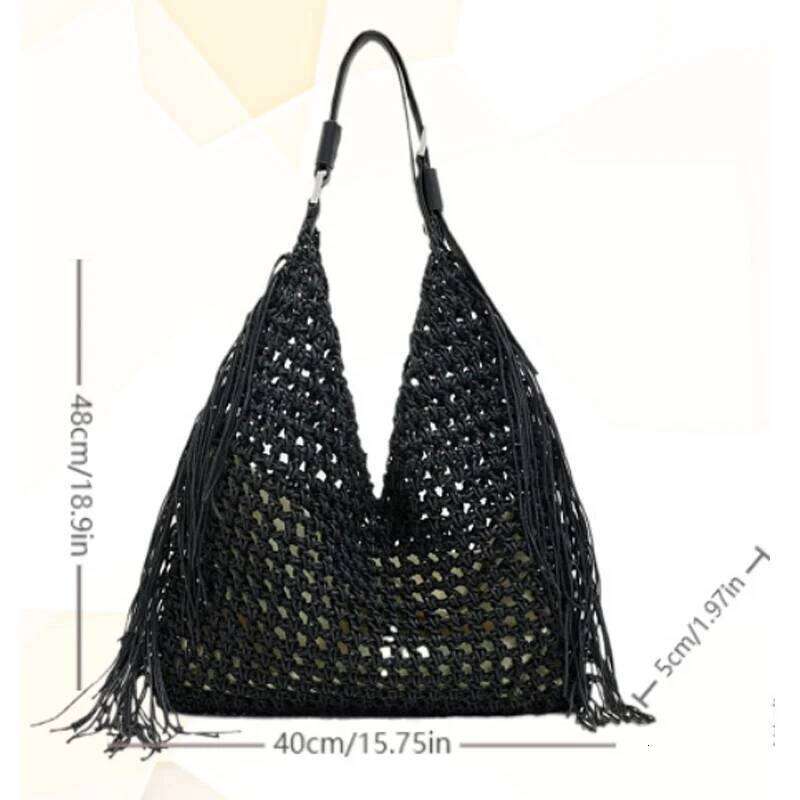 2025 New Woven Hollow Women's Handbag Shoulder Fashion Tassel Large Capacity Tote Bag