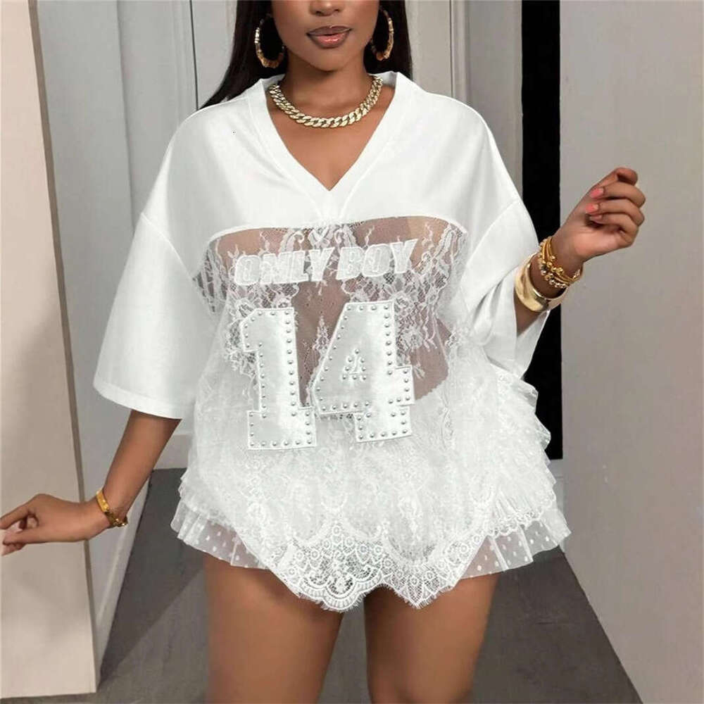 Summer New Women's Printed Loose Casual Street Style Sheer Sexy Lace Patchwork Top B5