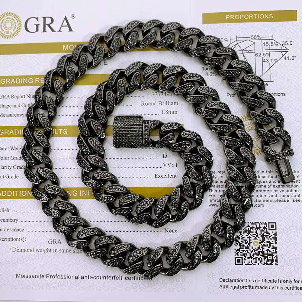 Hiphop Jewelry Iced Out Moissanite Cuban Chain Cuban Link Chain Moissanite S925 Silver 12mm Black Plated Two Row Vvs Black GRA