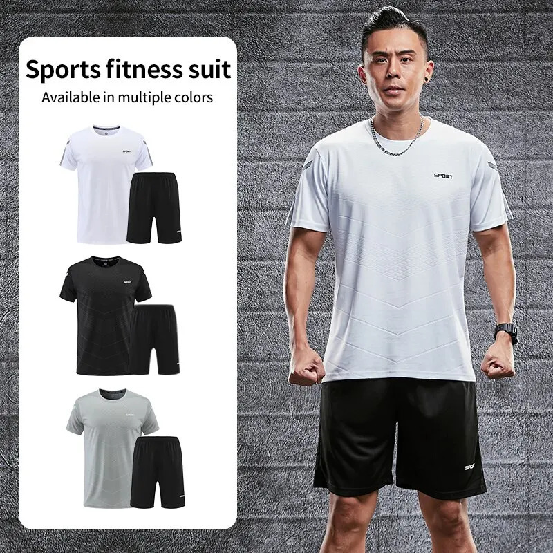 Fitness Clothes Mens Ice Silk Quick Drying Sportswear Set Summer Short Sleeved T-shirt Morning Running Training Room 250617