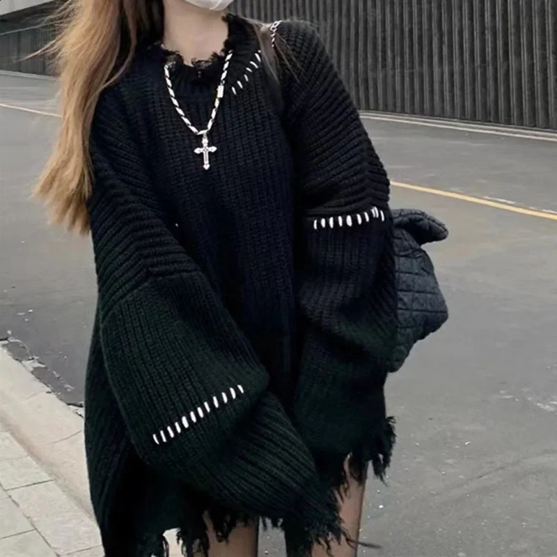 Black Loose Oversize Tassel Spliced Long Knitted Sweater Women Autumn Winter Patchwork Y2K Punk Gothic Sweater Knitwear Pullover 250614