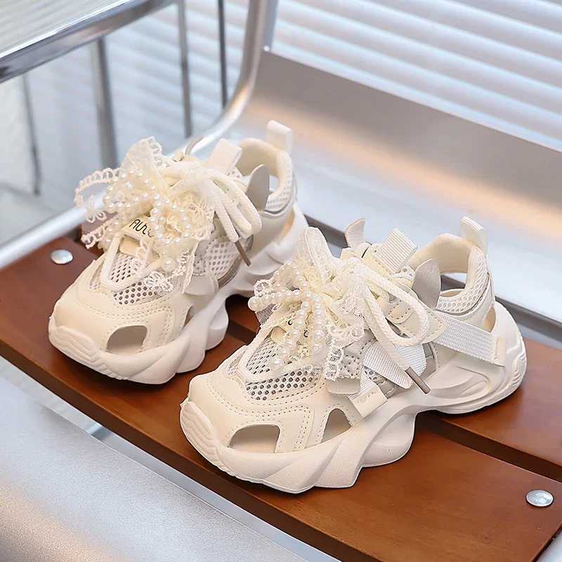 Girls Princess Shoes Mesh Breathable Kids Sports Sandals Sweet Lace Bows Beading 2025 Summer New Children Running Shoes Non-slip Z250618