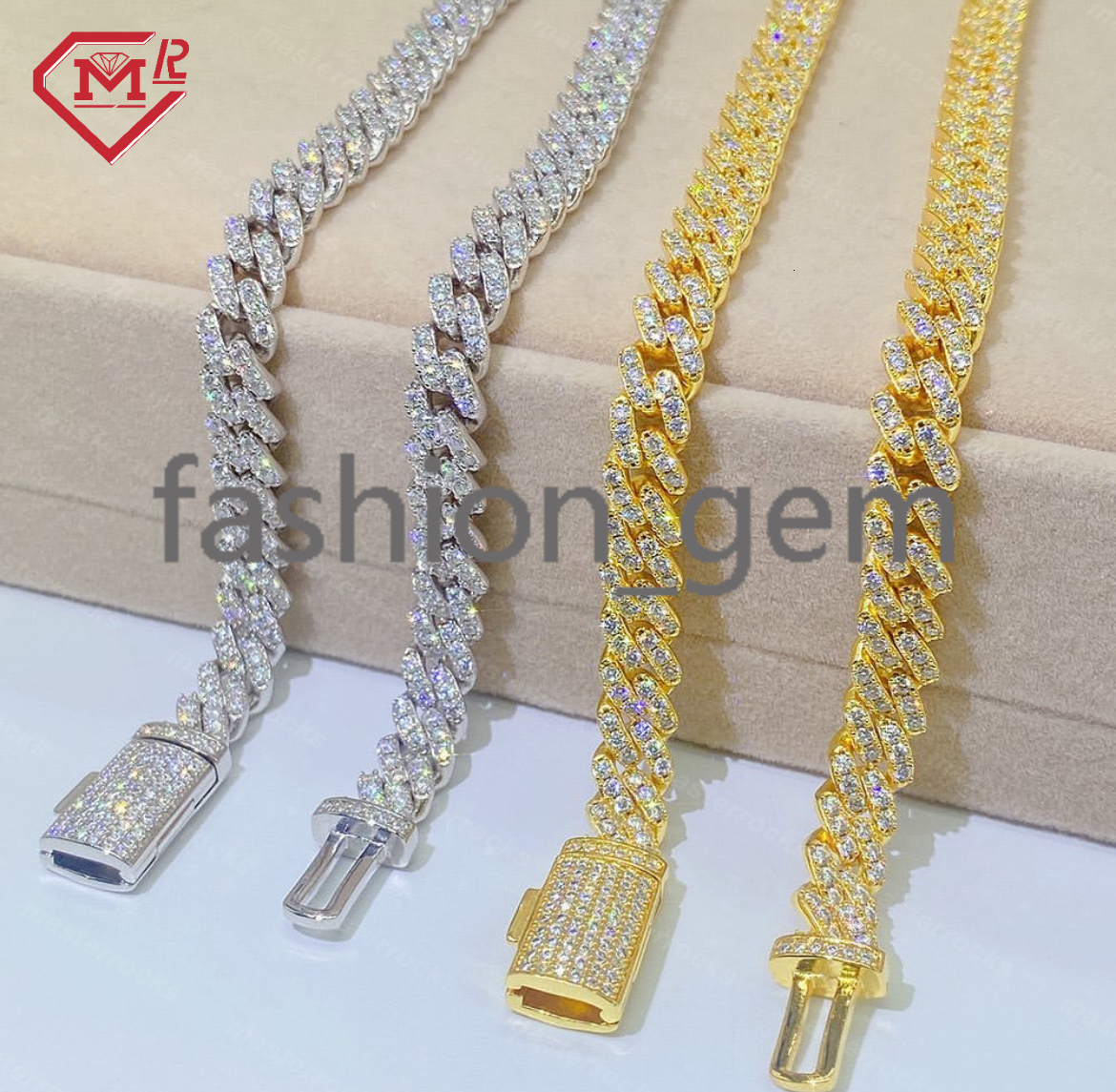 8mm Row Big Stone Iced Out Moisssanite Cuban Link Chain Miami Hip Hop 925 Silver Moissanite Cuban Chain