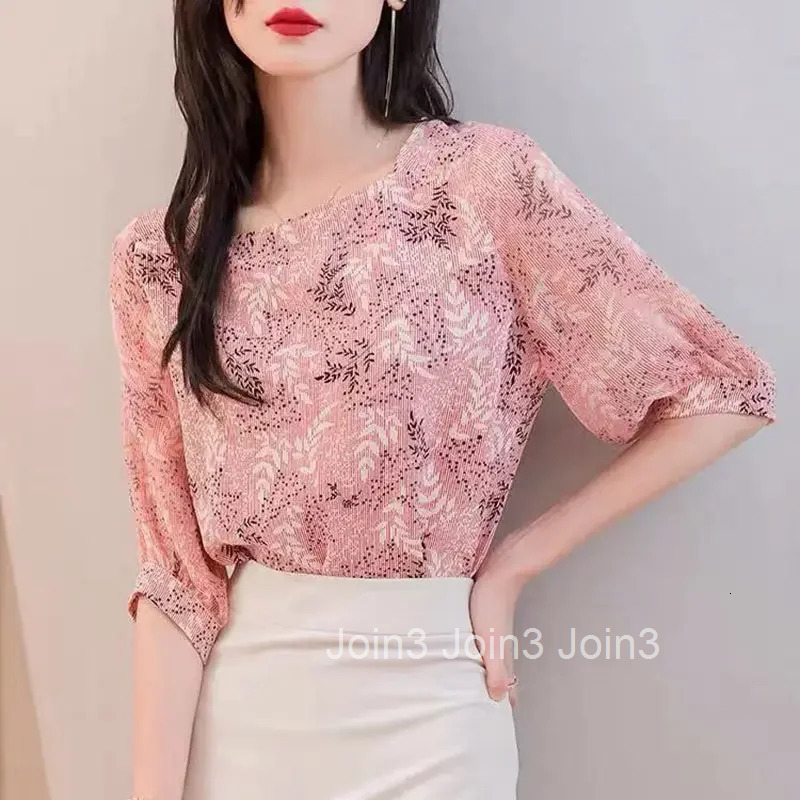 Chiffon Female Tops Satin with Print Pink Silk Womens Shirt and Blouse Youthful Woman Clothes Korean Popular Y2k Fashion Cool M