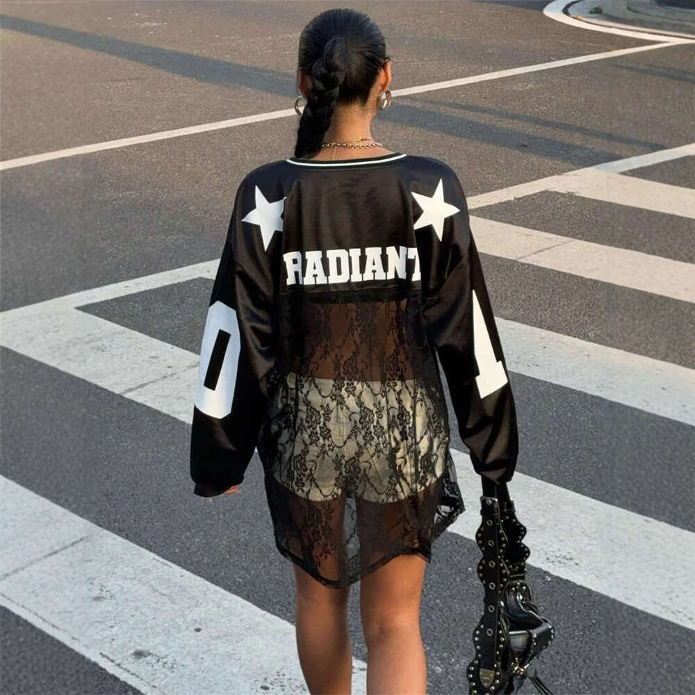 Summer New Women's Fashion Personality Trendy Printed Lace Sheer V-Neck Sweatshirt B5