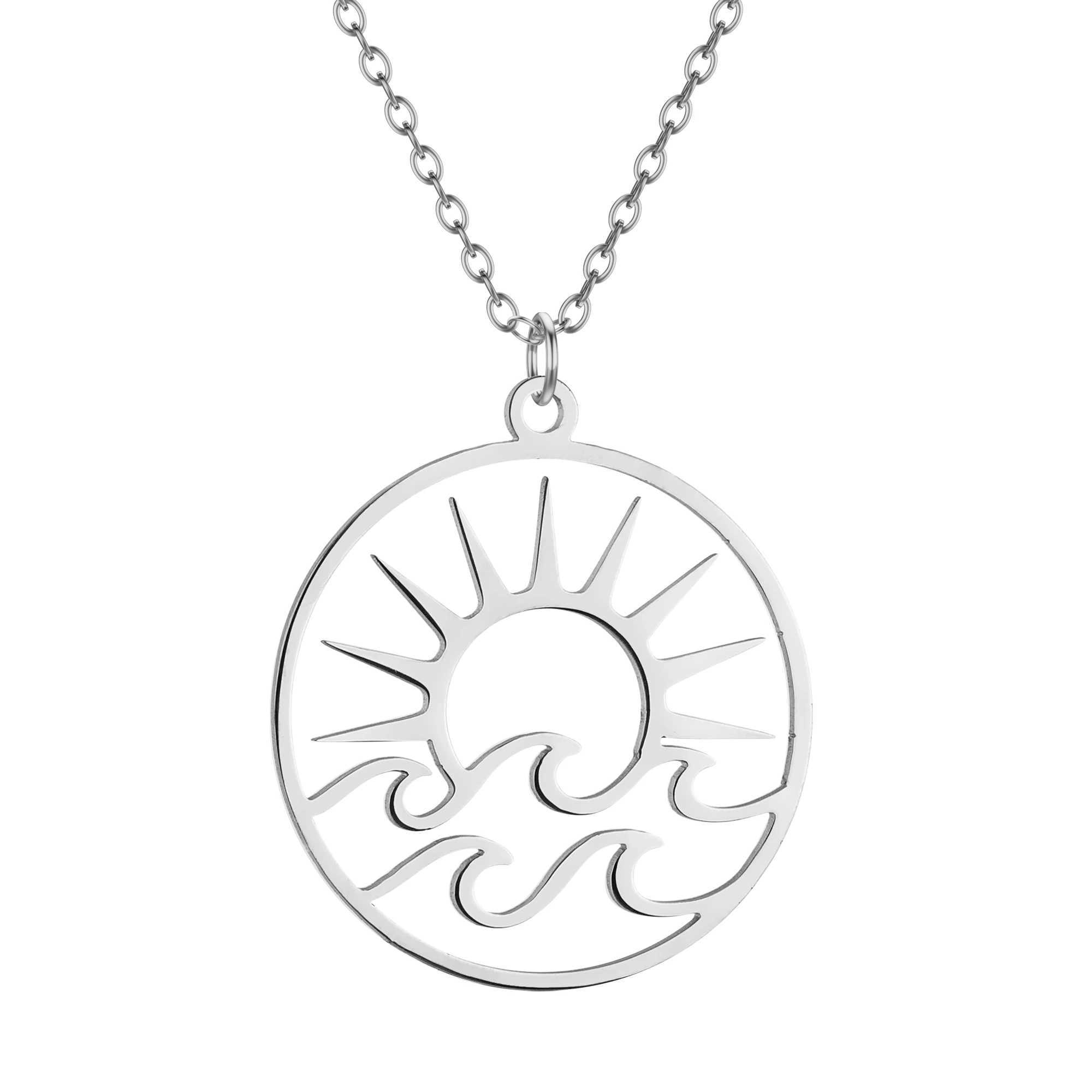 Kinitial Exquisite Fashion Earrings Openwork Sun Pendant with Waves Openwork Sun and Waves Necklace Birthday Gift for Lovers W250618