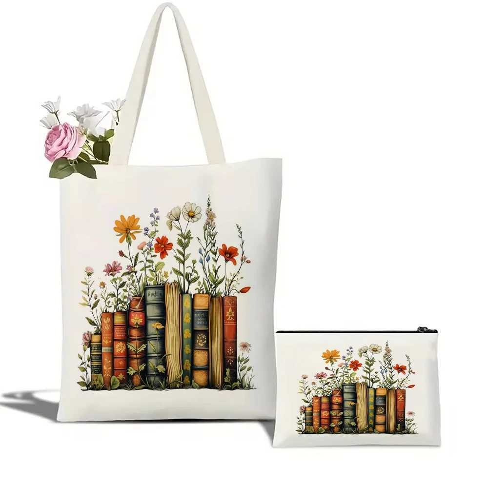Flower and Books Pattern Ote Bag Large Capacity Shopping Bags Harajuku Carto Fem Shoder Handbag Eco Girl Handbags B250618