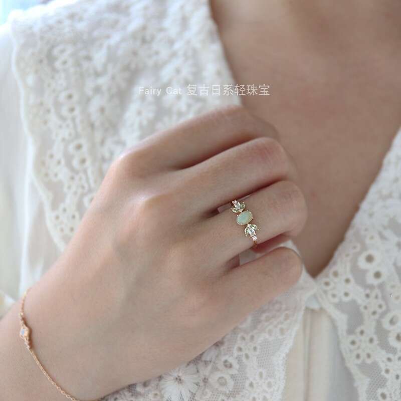 Natural Opal Protein Stone Peridot White Crystal Leaf Light Luxury Same Style 14K Plated Ring