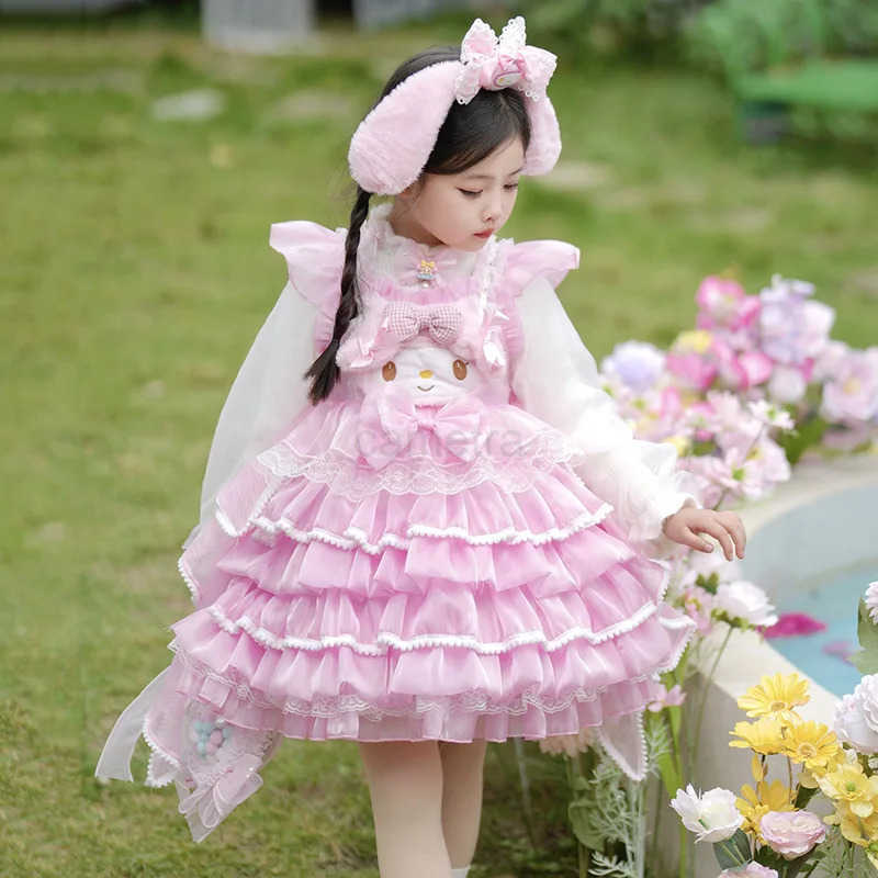 Sanrio Cartoon Kuromi Melody Cinnamoroll Dress Girls Kawai Lolita Princess Skirt Four Season Slip Dress Cosplay Party Costume Kids GiftXJ250618