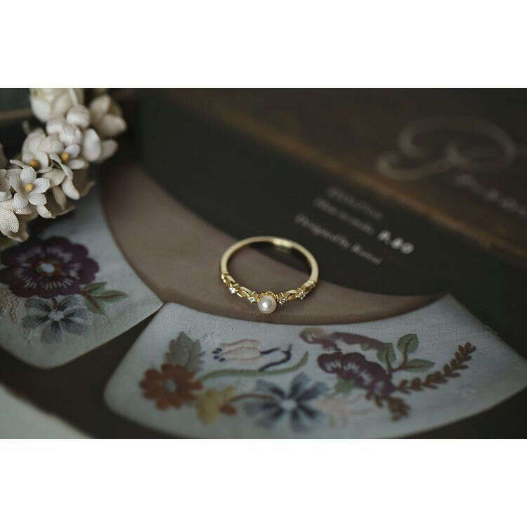 Paris Opera House French Style Freshwater Pearl Inlaid Zircon for Women Gold-Plated Thin Open Ring Ins Simple