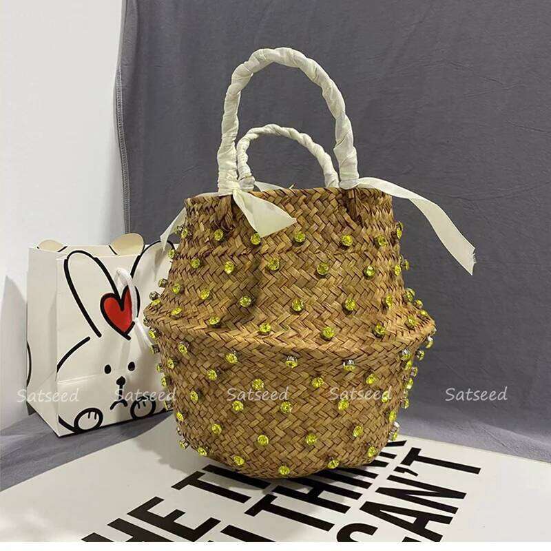 Handmade Sewing Holiday Fashion Crystal Woven Basket Dia Tote Beach Resort Retro Handbag Bag Women Design Straw 2023