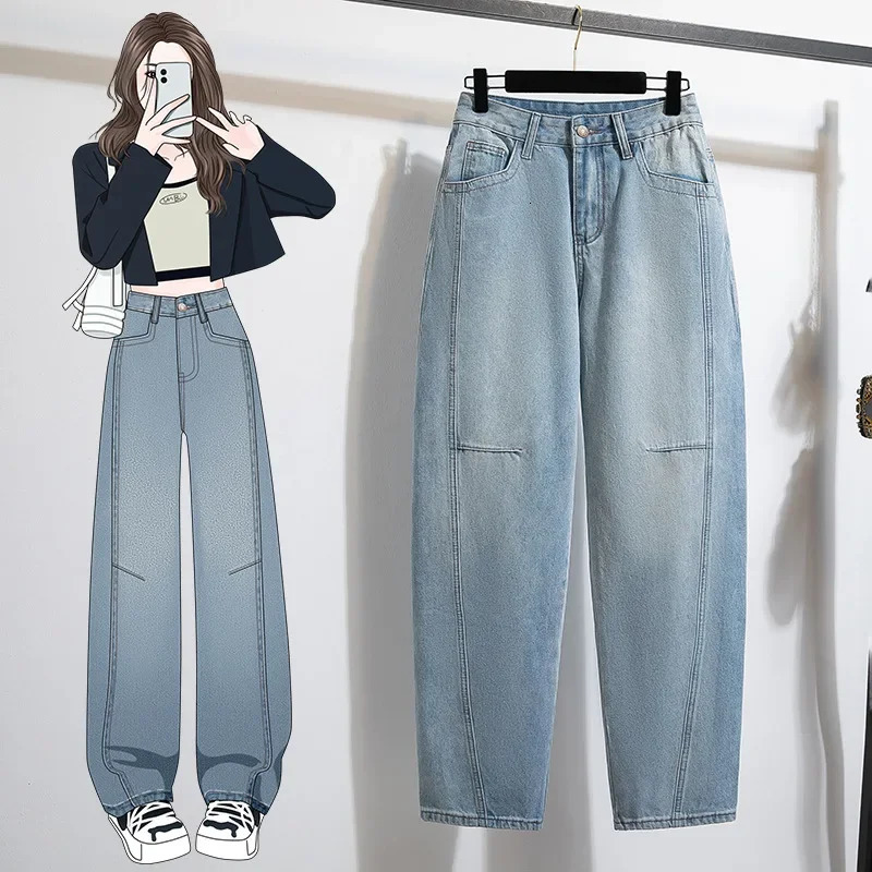 Plus Size Loose Straight Leg Blue Jeans Womens plus Size Trousers Autumn Spring Bend Knife Wide Leg Pants Floor Length 250609