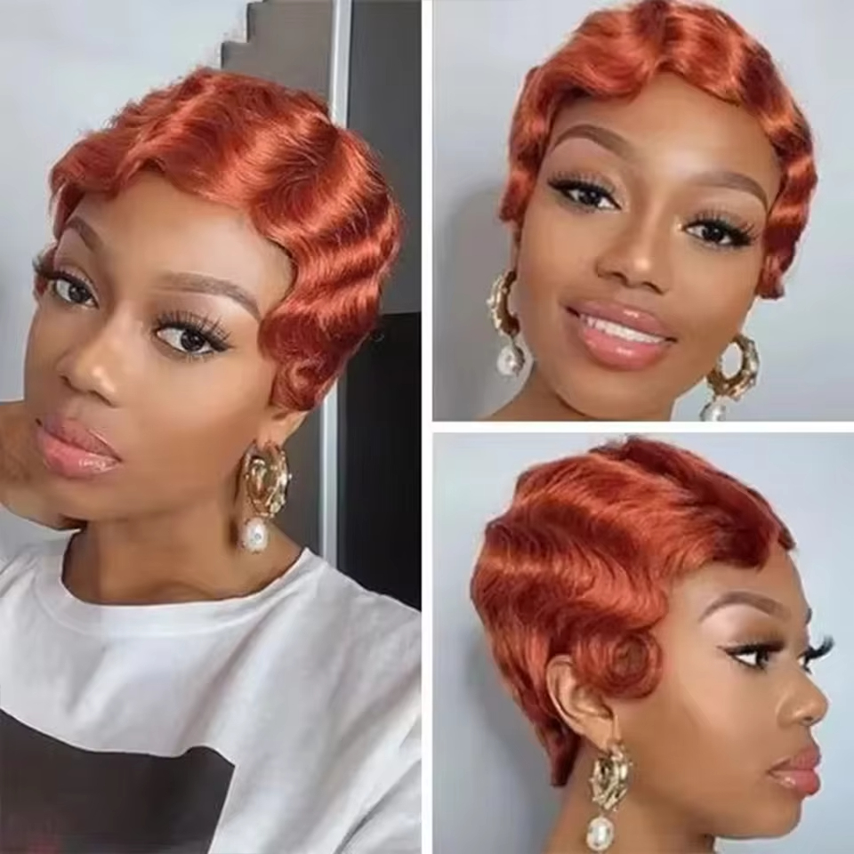 Finger Wave Wig Pixie Cut Short Bob Wavy Wig 100% Human Hair Curly Black Colored Cute Wig African Black Wigs for Women Mommy Wig Short Pixie Cut Wigs 