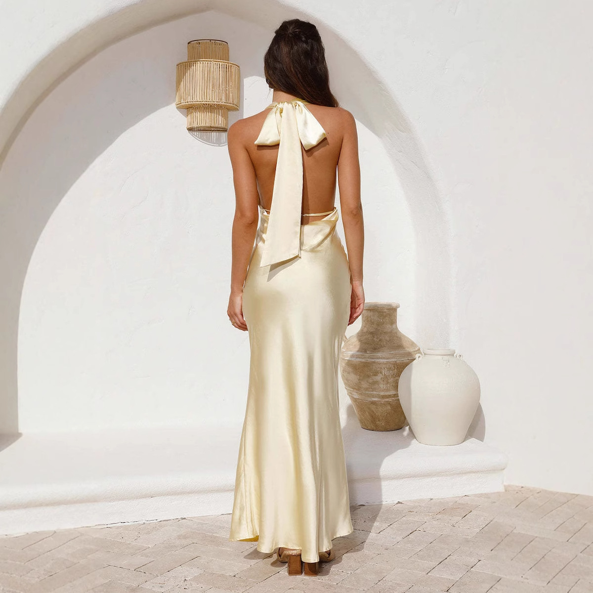2025 Spring Summer New Womens Sexy Waist-Cinching Halter Neck Backless Solid Color Sleeveless Dress