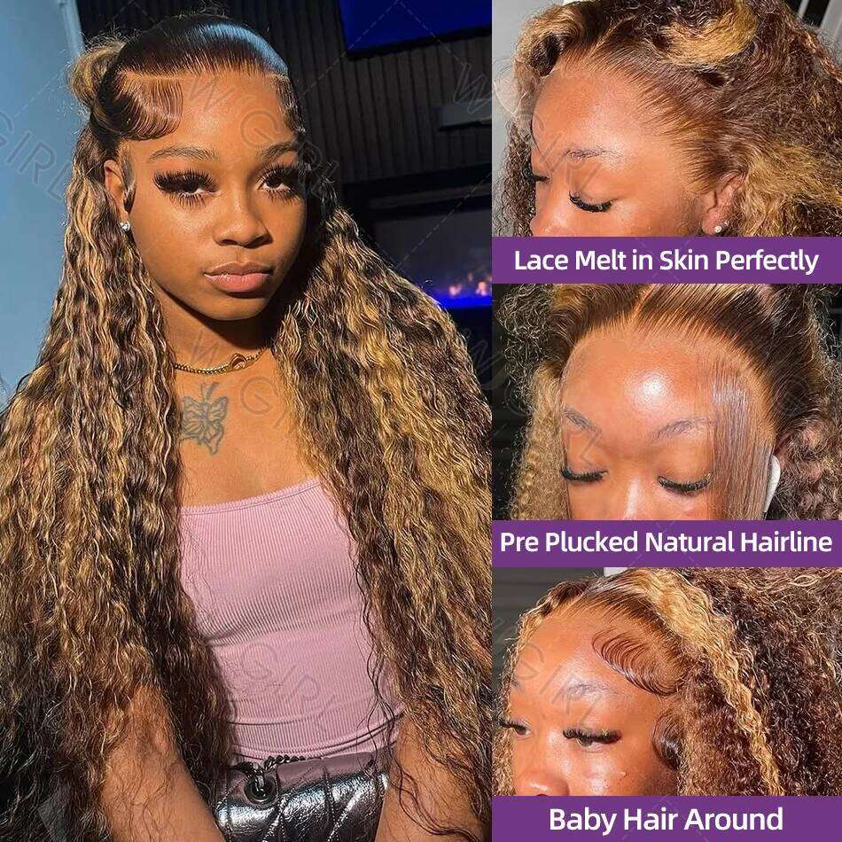 200% 30 32 Inch Highlight Ombre 13x6 Curly Lace Human Hair Honey Blonde Colored HD Deep Wave Frontal Wigs For Women