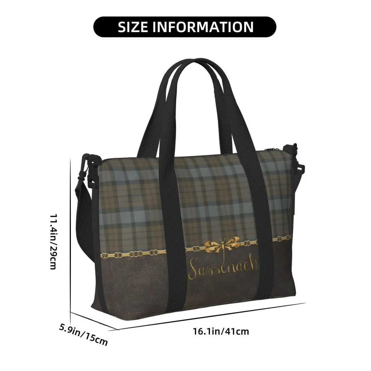 Custom Leather And Tartan Sassenach Dragonfly Pattern Tote Bag Large Capacity Modern Plaid Check Texture Gym Beach Travel Bags W250618