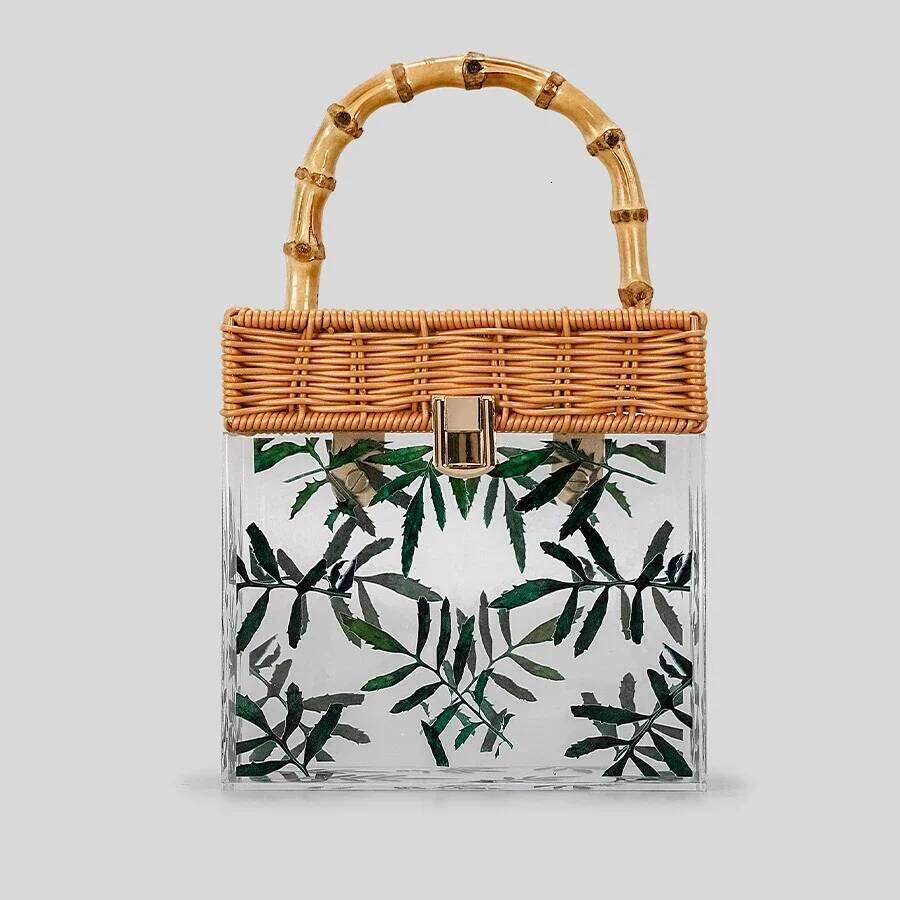 Fashion Transparent Box Women Handbags Vintage Rattan Bamboo Handle Hand Bags Handmade Summer Beach Bag Retro Party Purses 2023