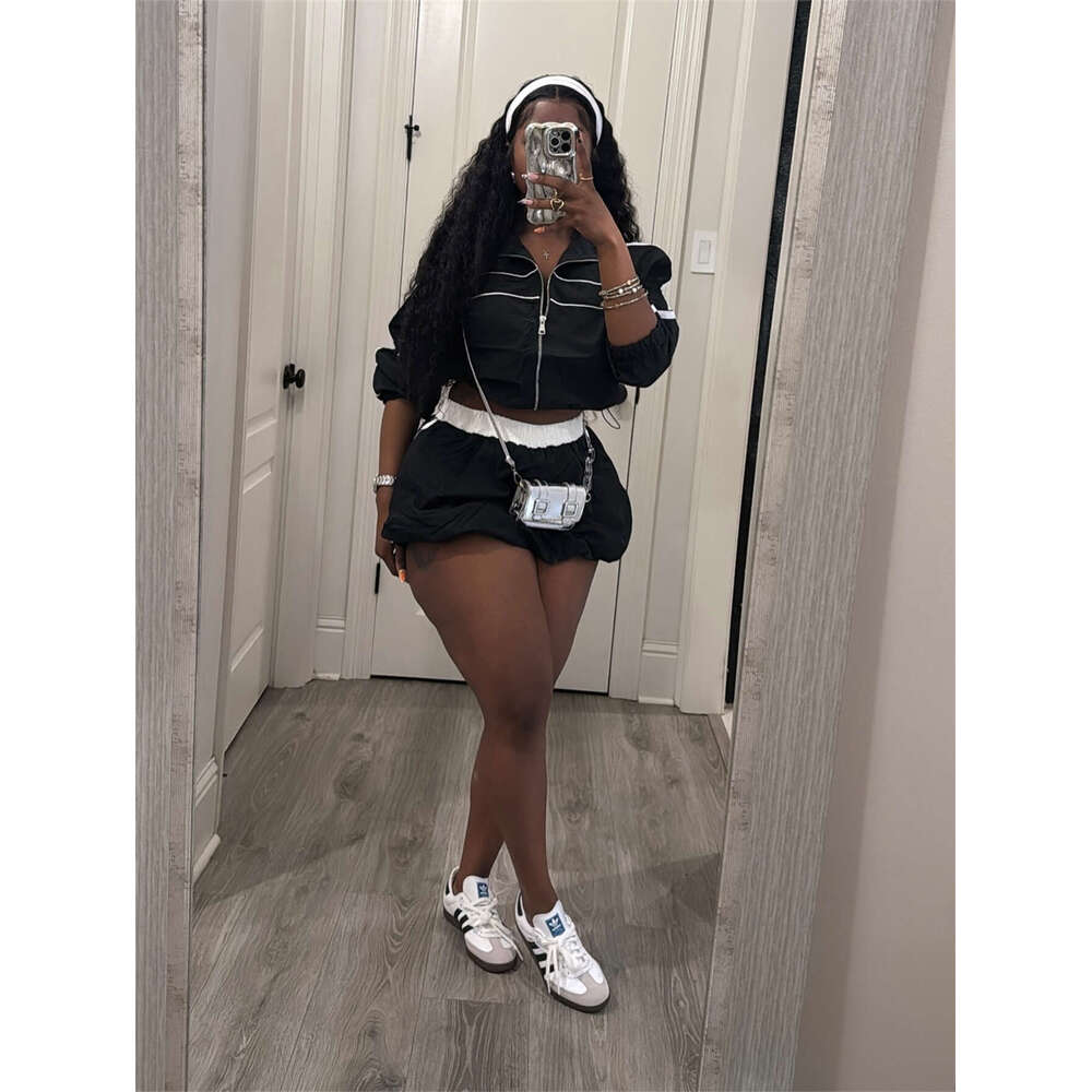 Summer Crop Top With Zipper Short Sleeve And Waist-Hugging Skirt Set For Women B5