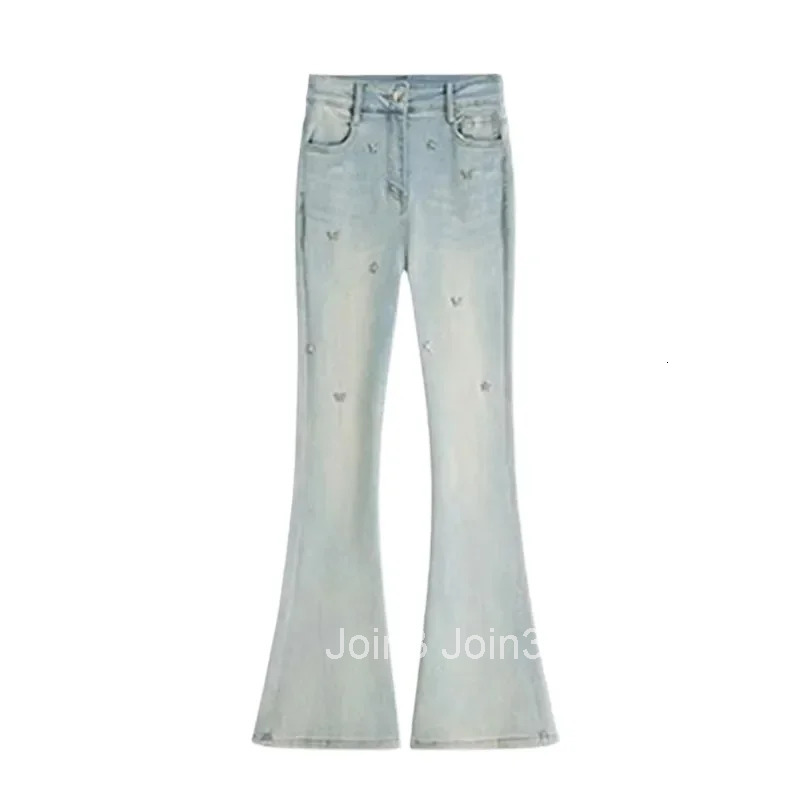High Waist Female Cowboy Pants with Rhinestones Womens Jeans Stylish Baggy Clothes Medium Wash Emo South Korea on Sale Trousers