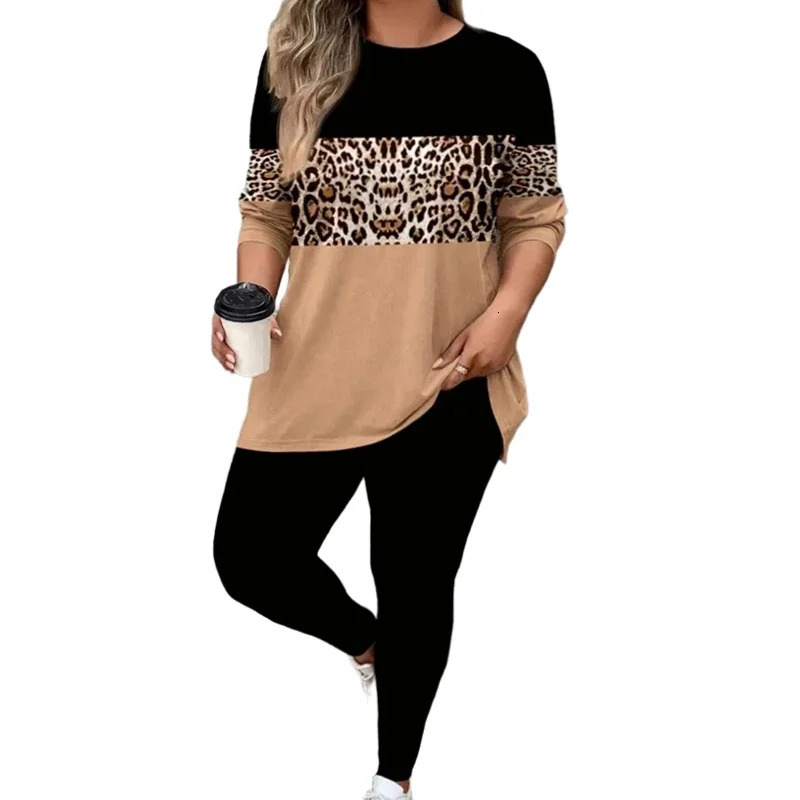 Plus Size 1XL5XL Womens Fashion Leopard Print Casual Long Sleeve Two Piece Set Outfit Ladies Contrast Color Tops and Pants 250609