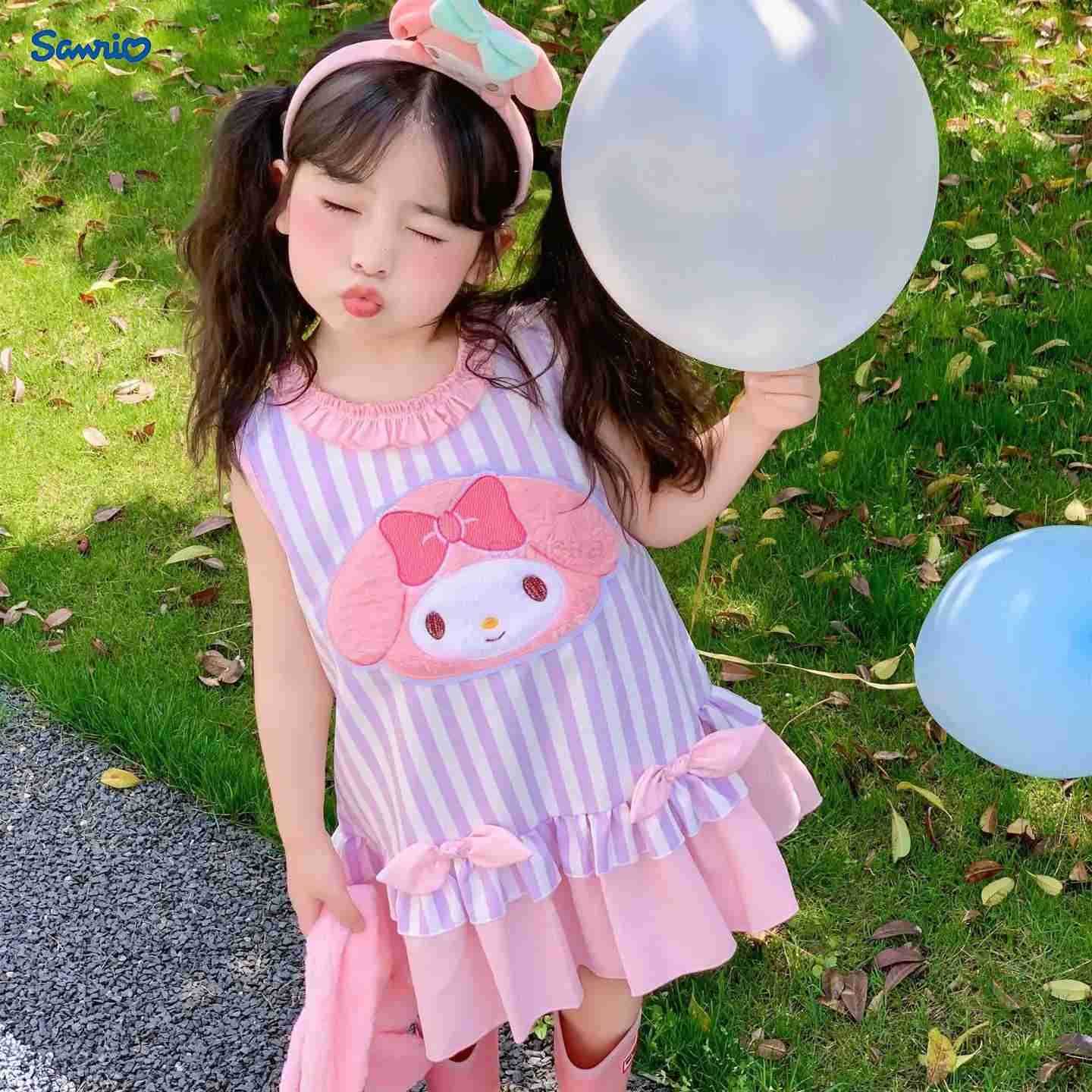 Sanrio Girls Summer Sleeveless Dress 2025 New Children Cartoon My Melody Striped Princess Dresses Sweet Frock Kids Clothing XJ250618