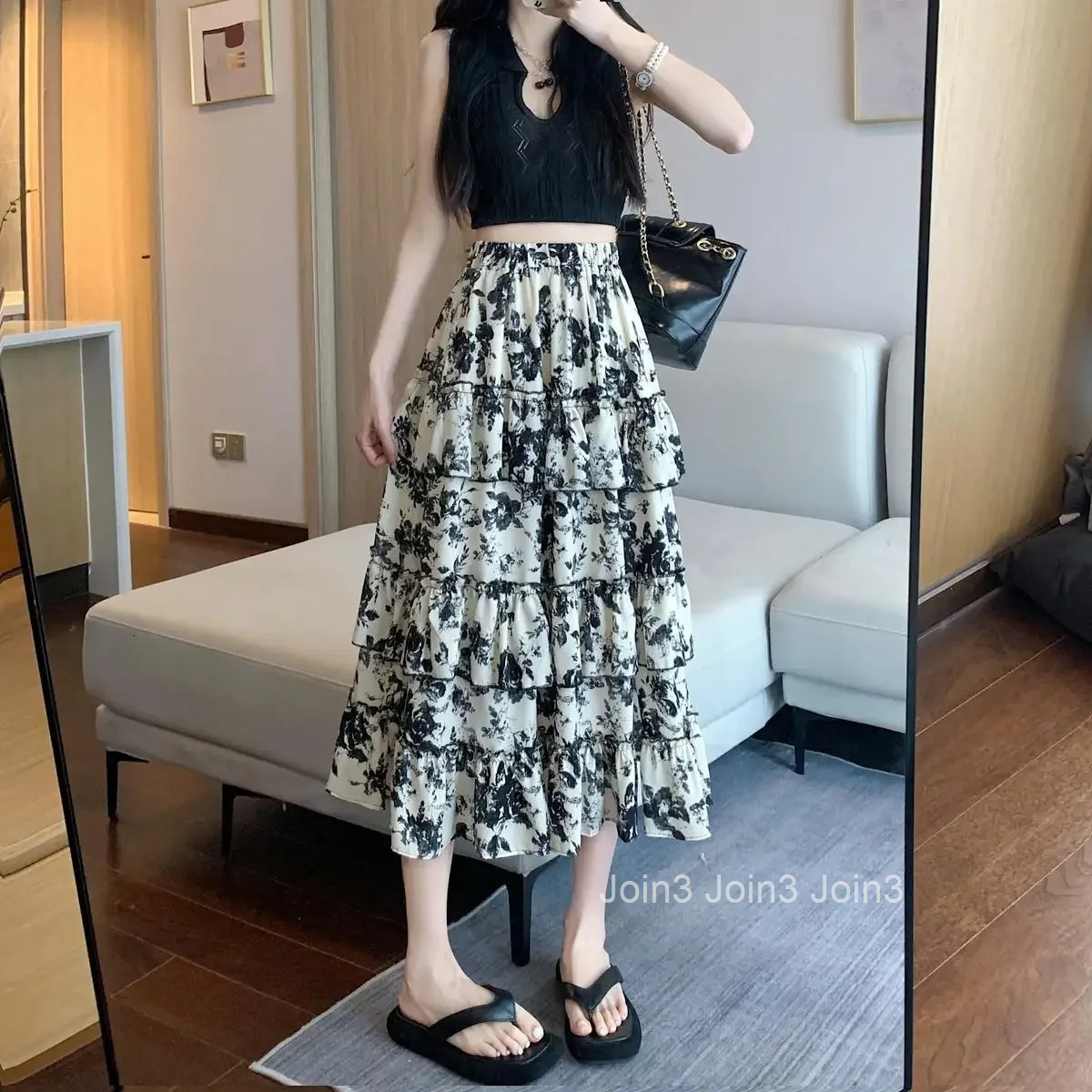 Woman Skirt Midi with Slit Floral Ruffle High Waist Casual V Clothing Trend 2025 Summer Vintage A Line Premium Skirts for Women