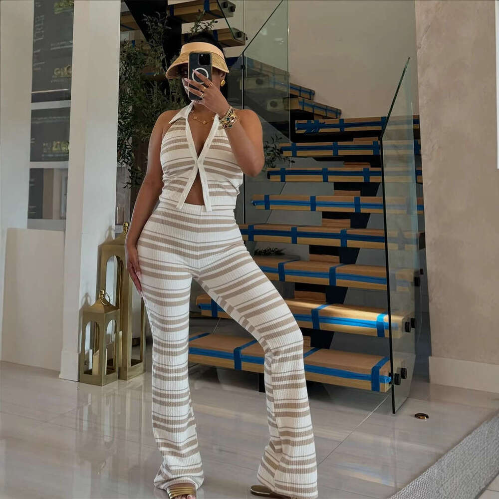 Summer New Women's Casual Shirt Collar Sleeveless Top Waist-Hugging Long Pants Set B5