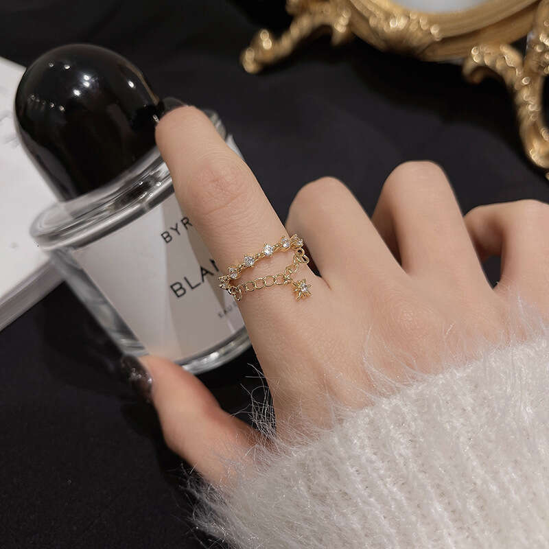 Trendy Luxury Star Adjustable Open Ring for Women with Hexagram Double Layer Chain