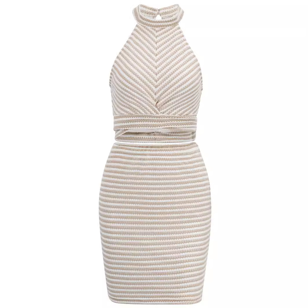 2024 Summer New Womens Clothing New Solid Color Hanging Neck and Waist Top Strap Set Skirt