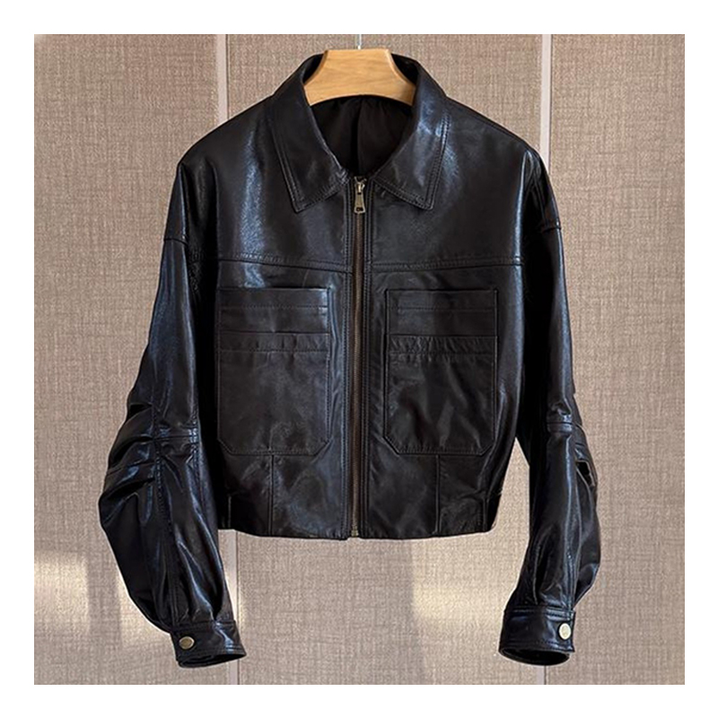 Small leather jacket, short jacket, new year, spring and autumn design, retro style, lapel PU leather motorcycle jacket