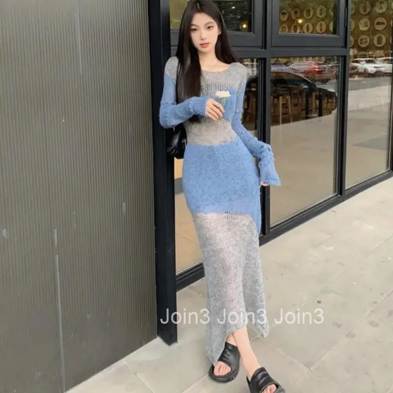 Knit Womens Dresses Sexy Daring Female Dress Maxi Hollow Out Robe Clothing Bodycon Evening Colorblock Crochet Long New In