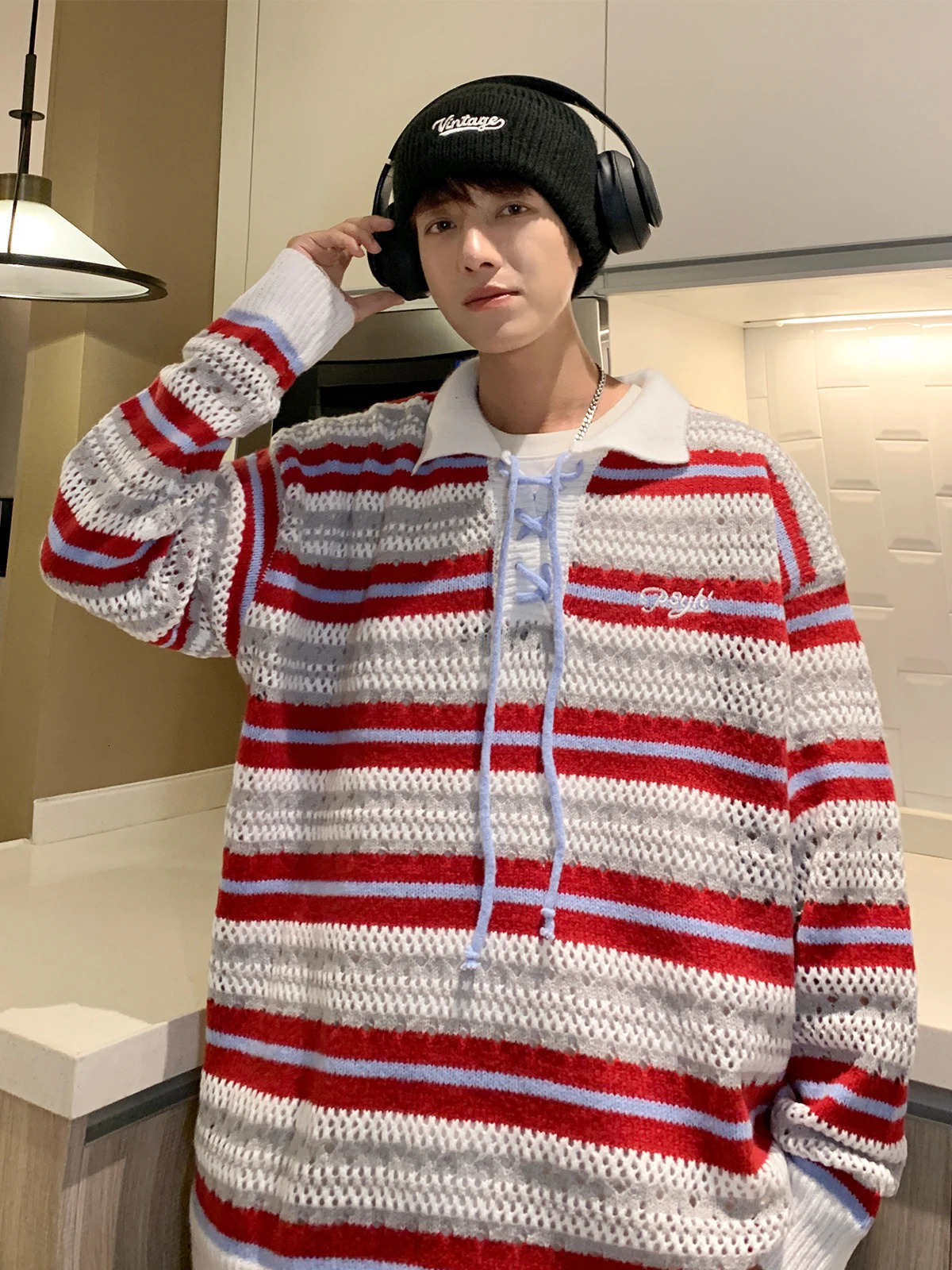 Color Blocked Polo Collar Striped Knit Sweater for Men Spring Autumn Japanese Retro Vintage Loose Fitting Couple Lazy Sweater 250618