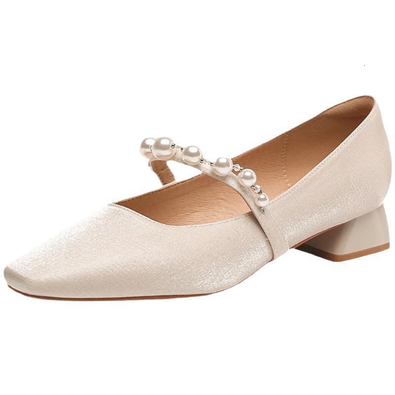 French Style Satin Low Wedding Pearl Strap Mary Jane Single Chunky Heel Square Toe Women's Bridesmaid Bride Shoes ddmythur