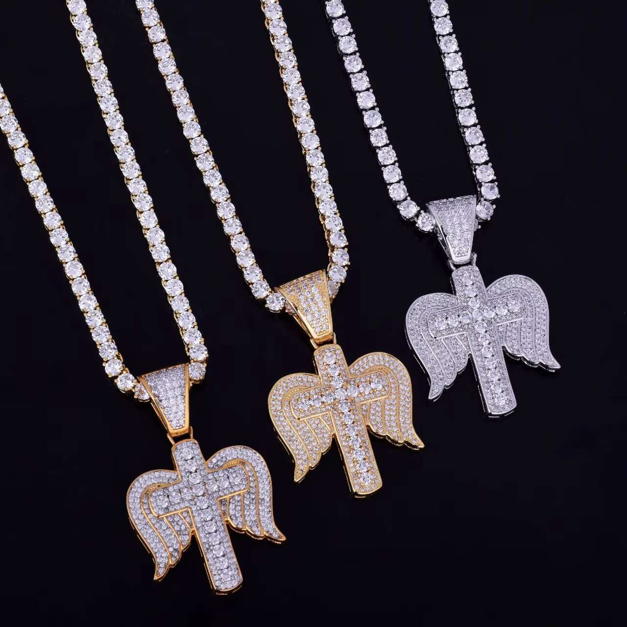 Luxury 18K Gold .925 Silver Christian Cross Pendant Angel Wings VVS Moissanite Diamond Jewelry Hip Hop Style Pendants Charms