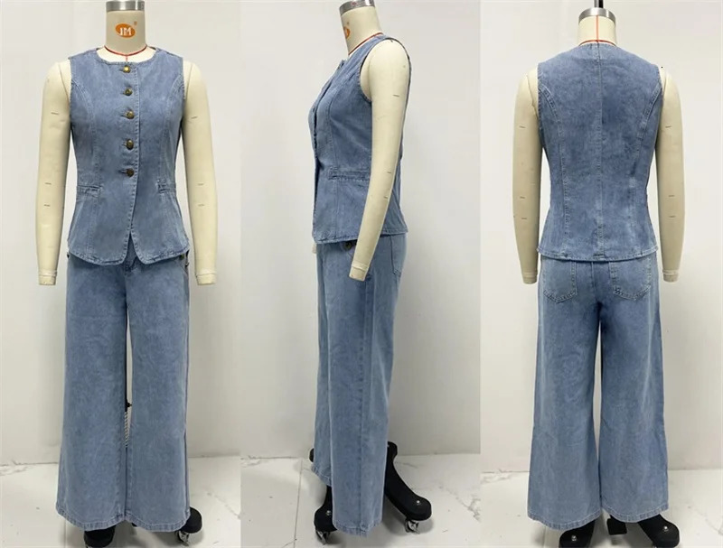 Vintage High Street Denim Suits Women Sleeveless Button Slim Fit Comfortable Vest Wide leg jeans Female Two Piece Pant Sets 250617