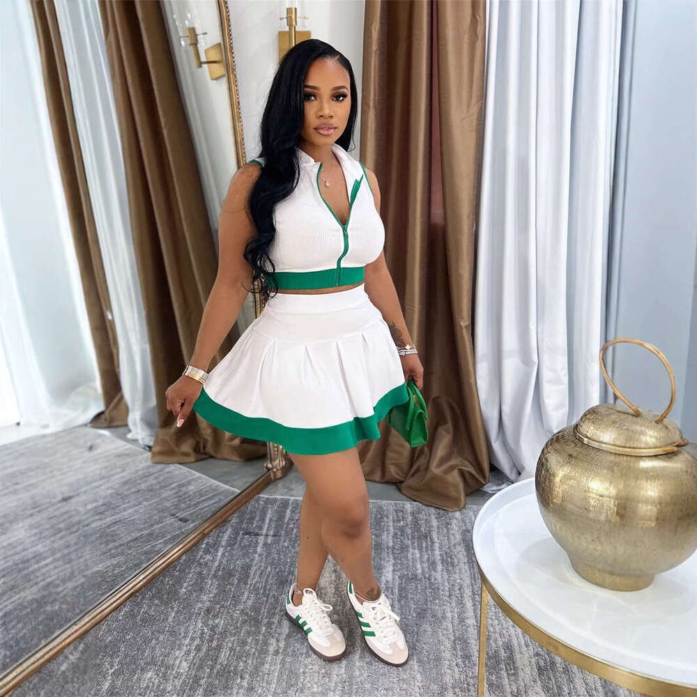 Summer Solid Color Zipper Single Sleeveless Top Waist-Length Casual Short Skirt Set For Women B5