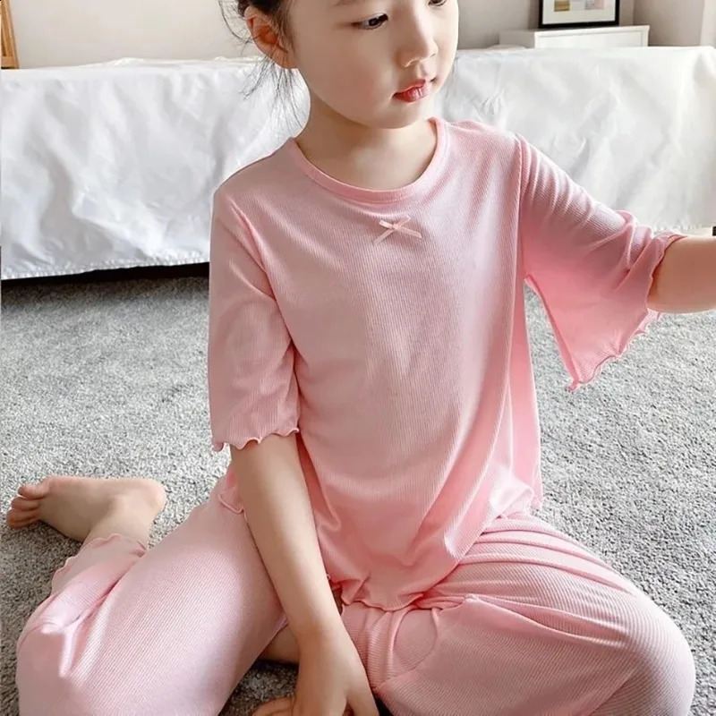 Girls Ice Silk Set Thin Children Homewear Clothes Summer Kids Air Conditioning Short Sleeve Children Sets Girl Pajamas Outfit 250617