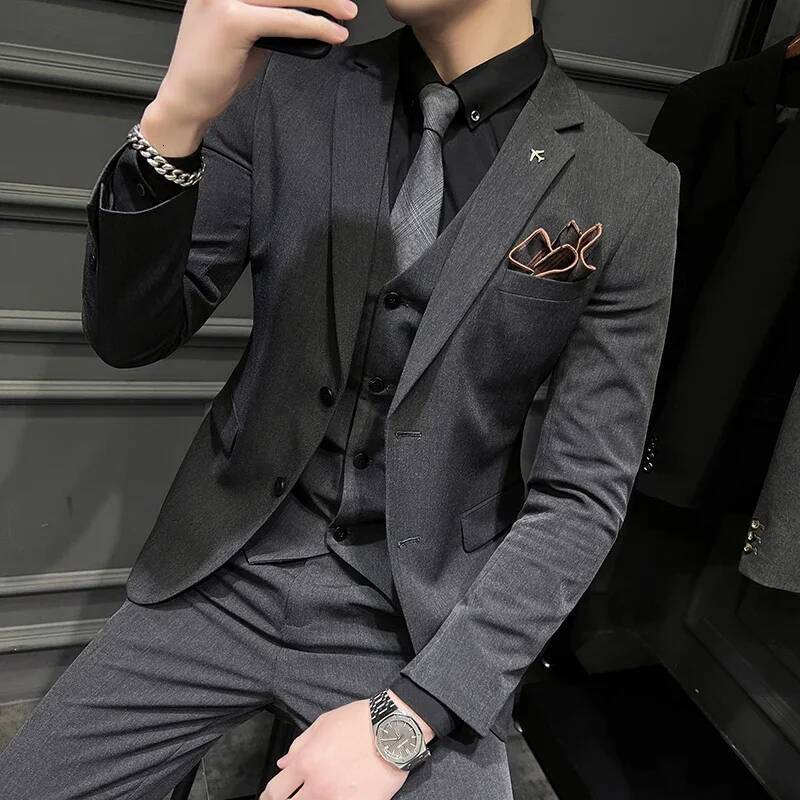 ( Blazer Vest + Pants ) Boutique Fashion Solid Color Men's Slim Casual Business Suit Three-Piece Set Groom Wedding Dress Party