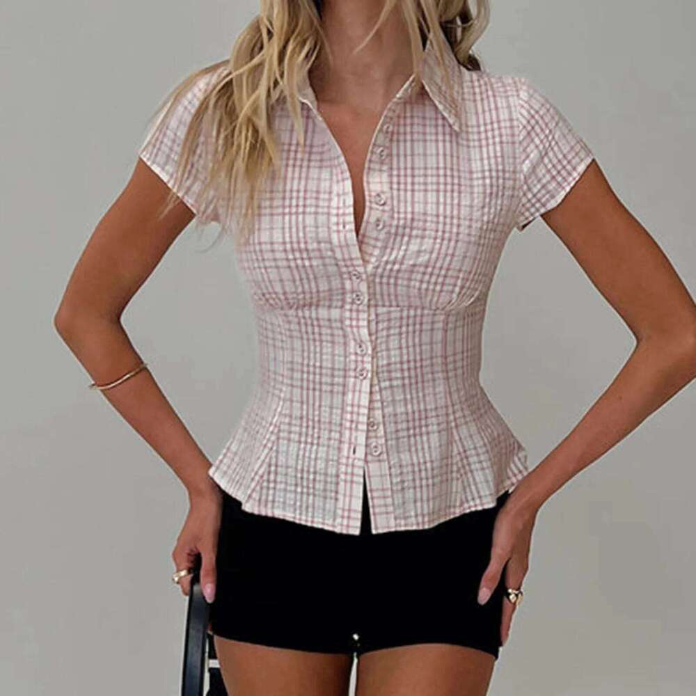 Hirigin Women's Y2k Short Sleeve Plaid Button Down Blouses Casual Summer Shirt Tops 90S Streetwear
