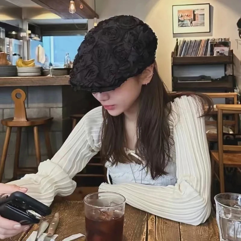 Advanced Sense Forward Hat Roses Retro Style Berets Cap High-quality Korean Style Painter Hat 250604