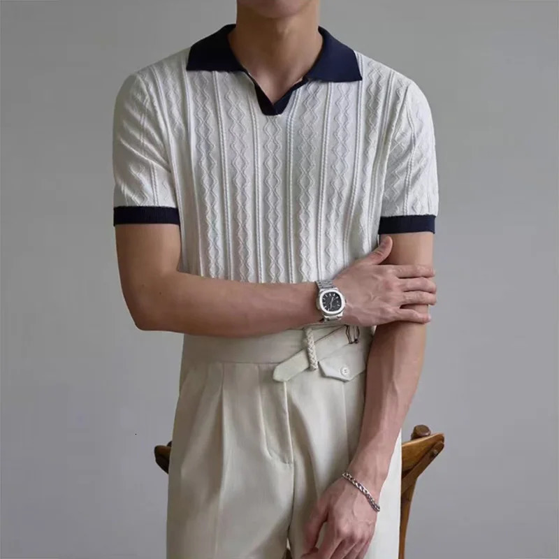 Summer Casual Mens Knitting Tops Vintage Slim Short Sleeve Polo Neck Shirts Men Daily Leisure Contrast Color Patchwork Polo 250618