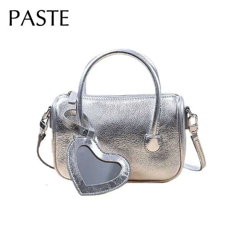 2025 New Fashion Love Heart Mirrior Design Tote Small Cowhide Leather Women's Handbag Sier Luxurious Ladies Shoulder Bag