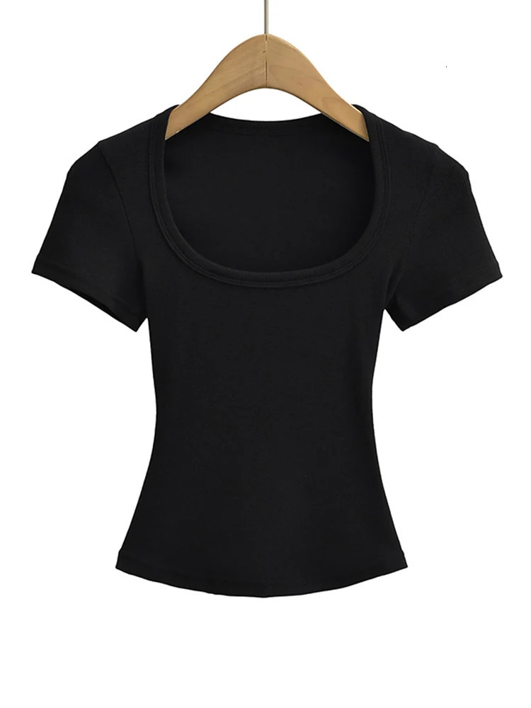 Summer square neck high elasticity crop top womens short sleeved sexy top slim fit pullover base shirt 250618