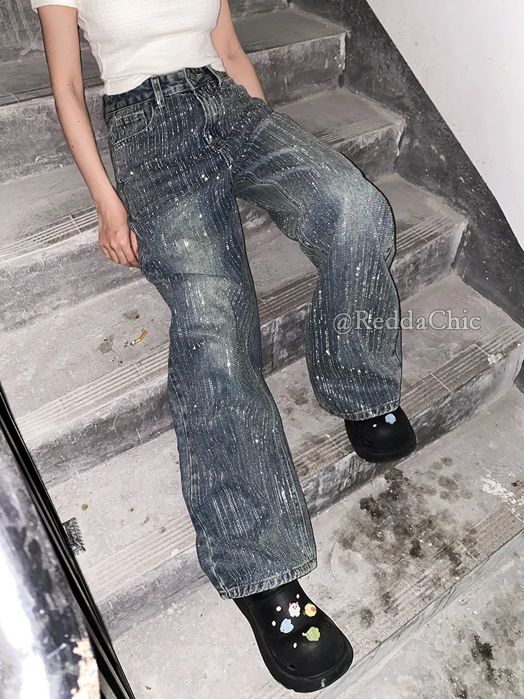 REDDACHiC Sparkly Rhinestone Baggy Jeans Y2k Retro Distressed Straight Wide Leg Casual Pants Concert Night Rave Women Streetwear 250617