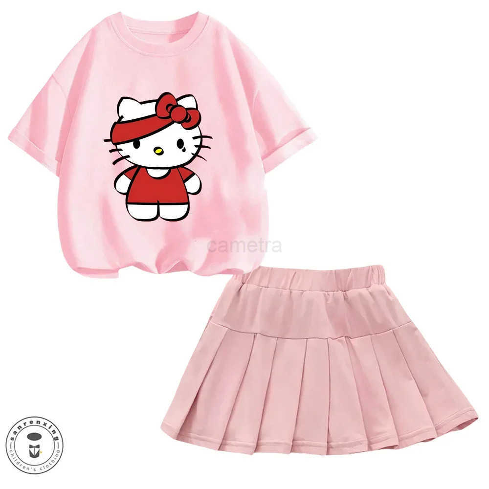 Sanrio Sanrio Hello Kitty Girl Cartoon Cute T-shirt Short Skirt Short Sleeve My Melody Summer Childrens Pleated Skirt Jk SuitXJ250618